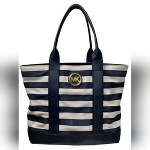 Michael Kors Fulton Canvas Navy White Striped Medium Tote Shoulder Bag